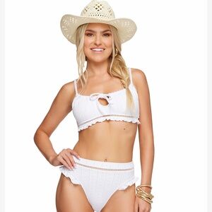 Jessica Simpson Stripe Crochet Ruffle High Waist Bikini Set in White